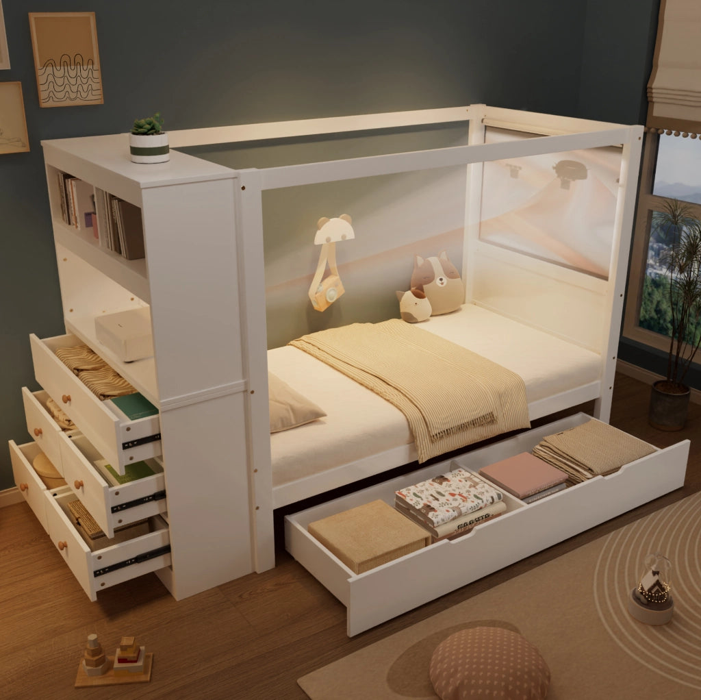 Letto singolo con cassettiera e ampio spazio contenitivo
