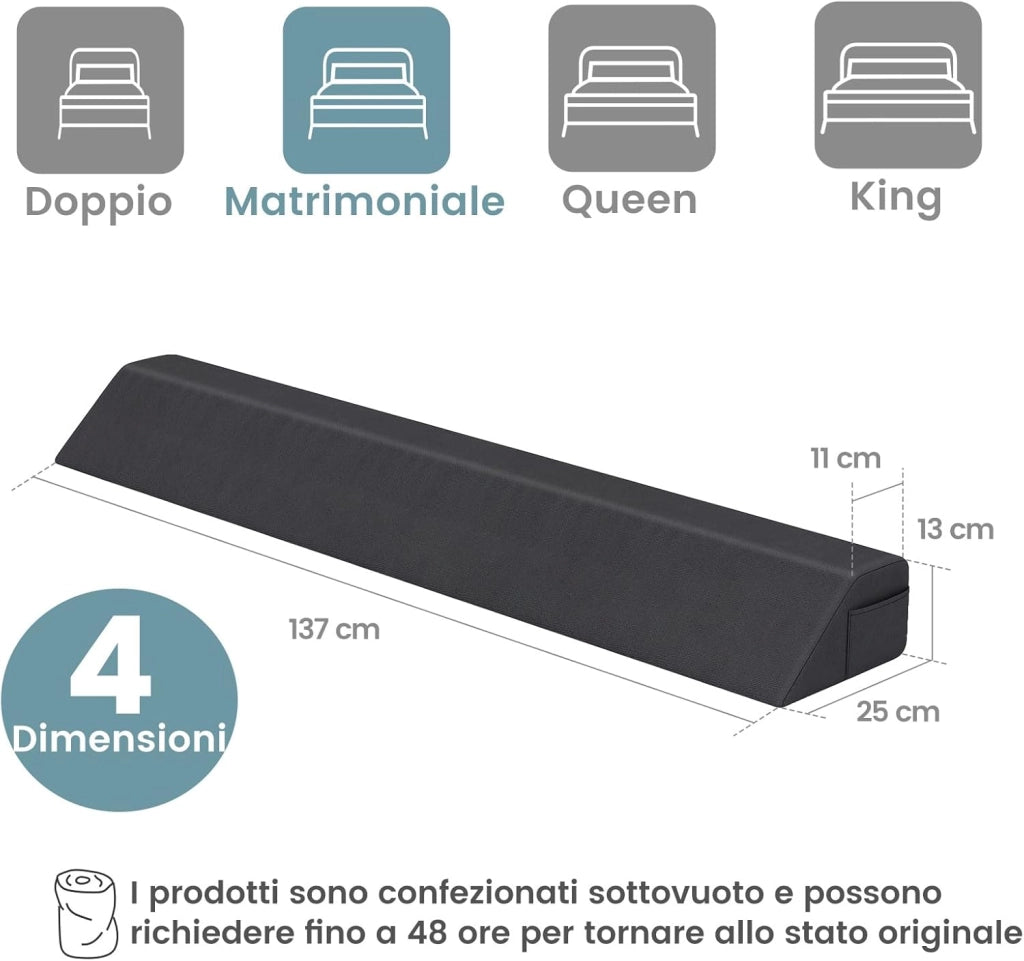 Cuscino a Cuneo per Letto, Cuscino per Testata con 2 Tasche, Cuscino Lungo Trapezoidale per Spazio tra Materasso e Testiera/Parete(0-20 cm)(137 x 25 x 13 cm)