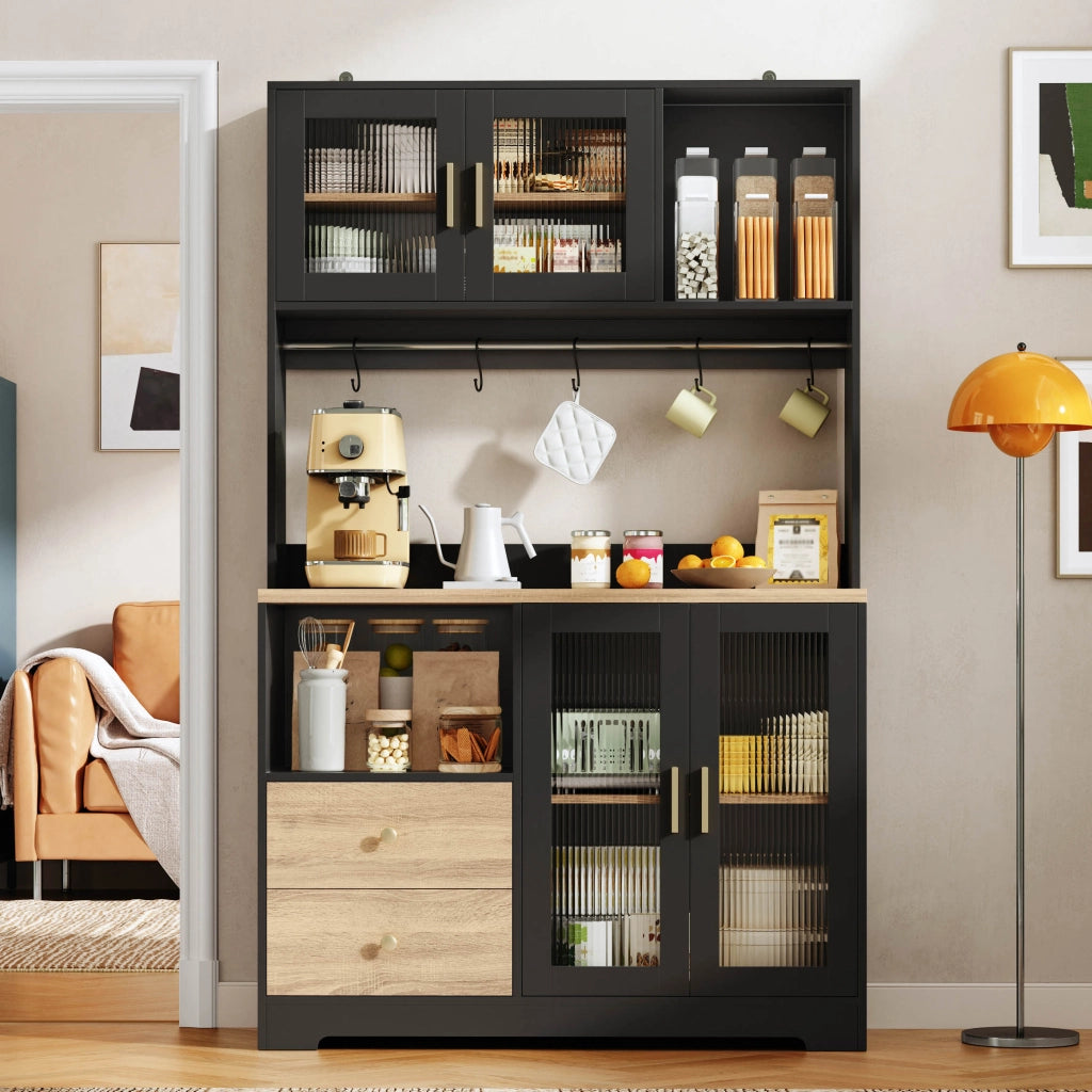 Colonna da cucina con LED prese e USB 4 ante in vetro temperato ripiani regolabili in MDF nero 110 × 40 × 178 cm