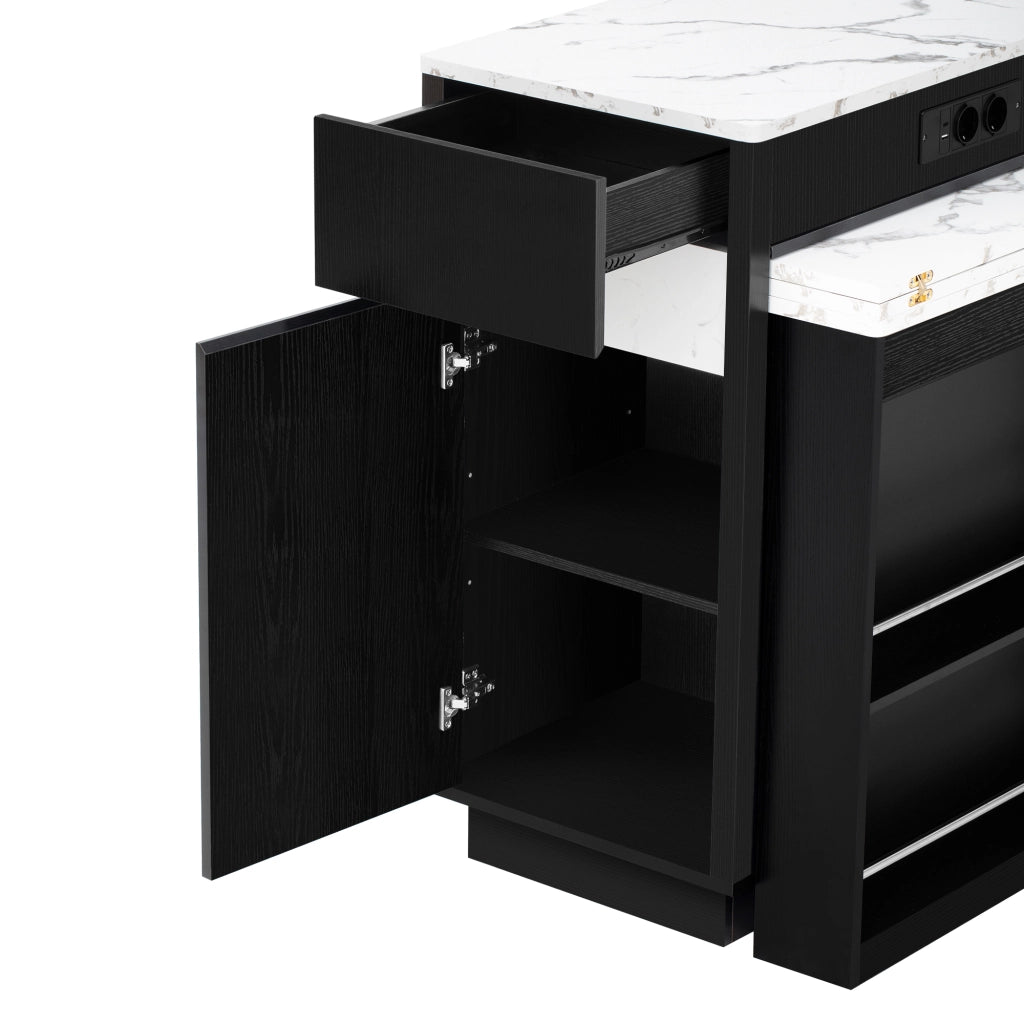 Isola Cucina Mobile con Tavolo Estensibile 154 cm; Illuminazione LED; Prese USB; Ripiani e Cassetti Nero