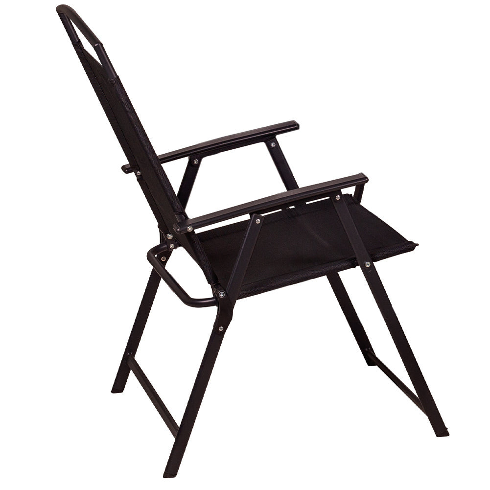 Set da Pranzo 6 Pezzi per Giardino Patio Tavolo Piano in Vetro con Ombrellone e 4 Sedie Pieghevoli Nero