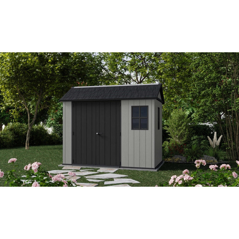 Casetta da giardino in resina EVOTECH+ 287x230 cm - con pavimento e doppia porta - carico neve 150 kg/m² – Newton Plus 759/975 - Grigio - Keter