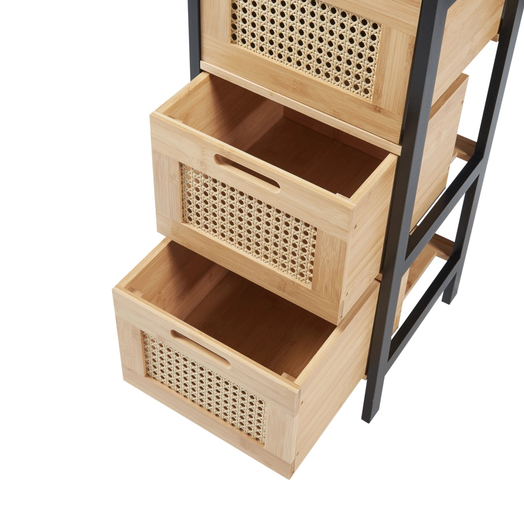 Cassettiera Tervola con 3 Cassetti in Bambù - Nero / Naturale / Effetto Rattan [en.casa]