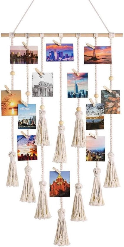 Decorazione per parete Macramé - Fototenda decorativa - Accessorio di arredo bohemien - Tappeto per parete intrecciato - Decorazione per camera da letto - Accessorio per fototoua per matrimoni - 30 fermagli - 108 cm (L) x 43 cm (B)