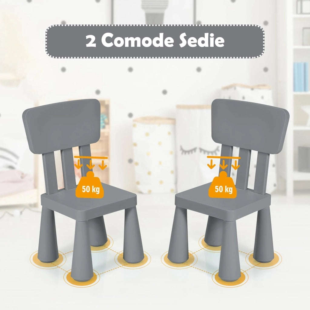Set Tavolo e Sedie per Bambini 1-7 Anni, 2 Sedie Ergonomiche con Schienale, Materiale PP Atossico e Inodore, Angoli Arrotondati, Adatto per Giocare, Disegnare e Leggere, Portata 50kg (Grigio)