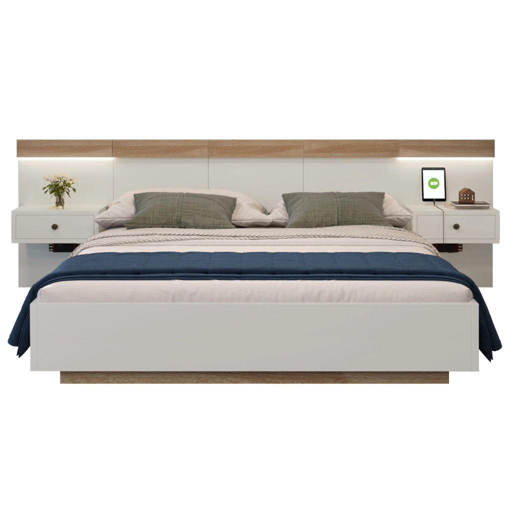 Letto matrimoniale 160x200 cm con 2 comodini LED e prese USB/Type-C; bianco e rovere