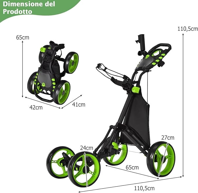Carrello da Golf a Spinta e a Trazione, Carrello Golf Pieghevole Leggero a 4 Ruote con Borsa Impermeabile, Freno a Pedale, Porta Tazza e Porta Ombrello Regolabile(Verde)