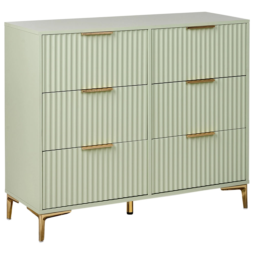 Cassettiera Verde MDF 6 Cassetti Gambe in Metallo Maniglie Fronti Scanalati Design Moderno Camera da Letto Soggiorno