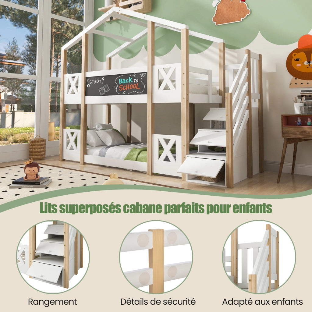 Letto a Soppalco 90x200 cm; Singolo; con Scala contenitore e Lavagna - Bianco Naturale