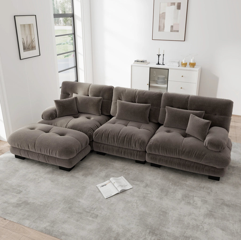 Divano angolare modulare con ottomane; chenille marrone