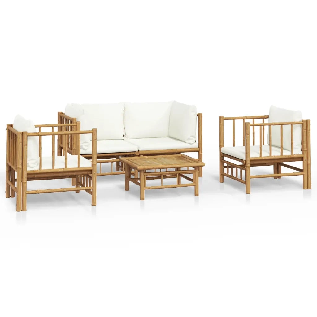 Set Salotto da Giardino 5pz con Cuscini Bianco Crema in Bambù 3155185
