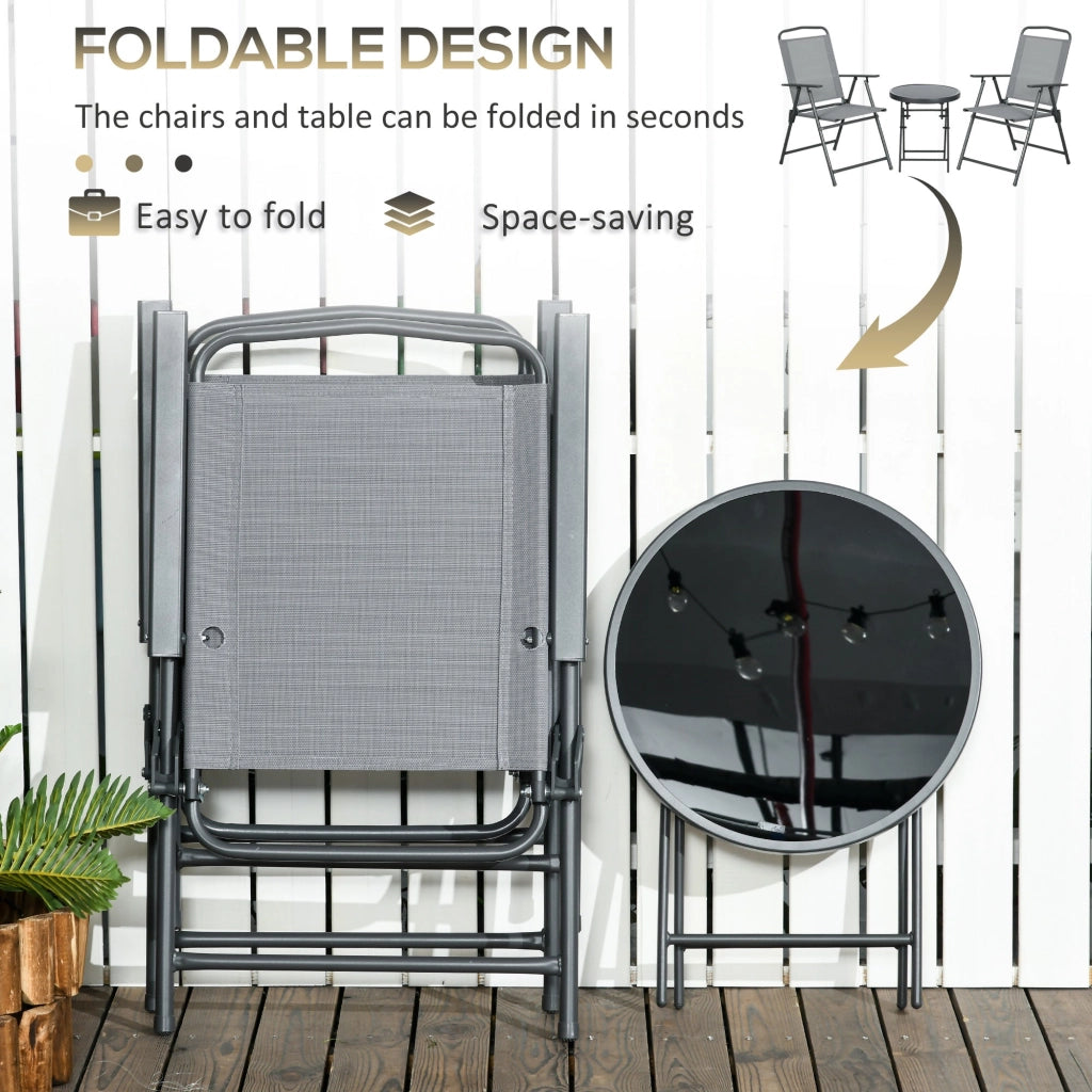 Set Tavolino e 2 Sedie Pieghevoli da Giardino  in Metallo Grigio Chiaro