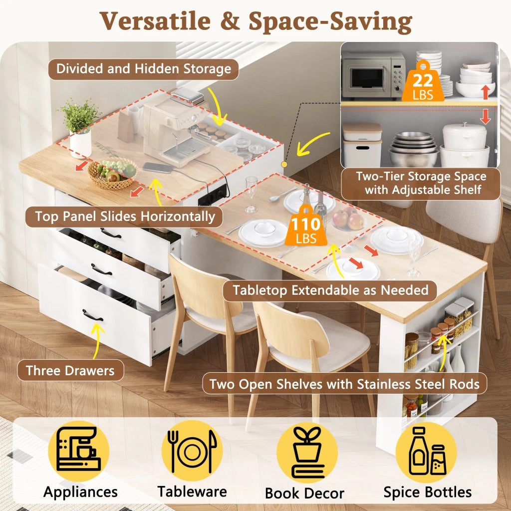 Isola da cucina bianca con ruote, tavolo allungabile con illuminazione LED e ciabatte elettriche. Funziona come isola, credenza, sideboard o bancone bar per cucina e sala da pranzo