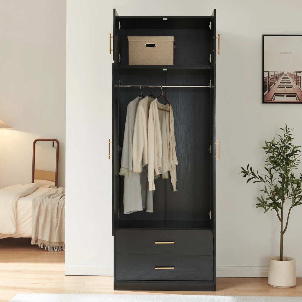 Armadio da Guardaroba Larundi con 4 Ante e 2 Cassetti 216 x 80 x 52 cm - Nero/Effetto Rattan [en.casa]