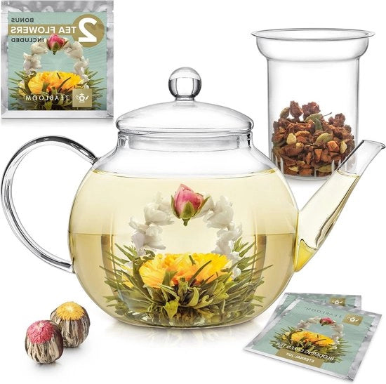 Teiera sicura con uovo tè rimovibile per tè libero - inclusa 2 infusori in fiore - 12 l pentola e macchina per il tè - forno a microonde e piastra elettrica sicura