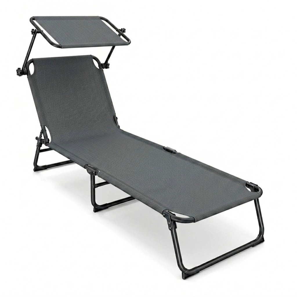 Lettino Pieghevole Con Tettuccio Regolabile Prendisole Parasole Schienale Reclinabile Regolabile Struttura In Metallo Nero Sedia Sdraio Per Spiaggia Mare Giardino Piscina 187 x 53 x 24 Cm Grigio Scuro