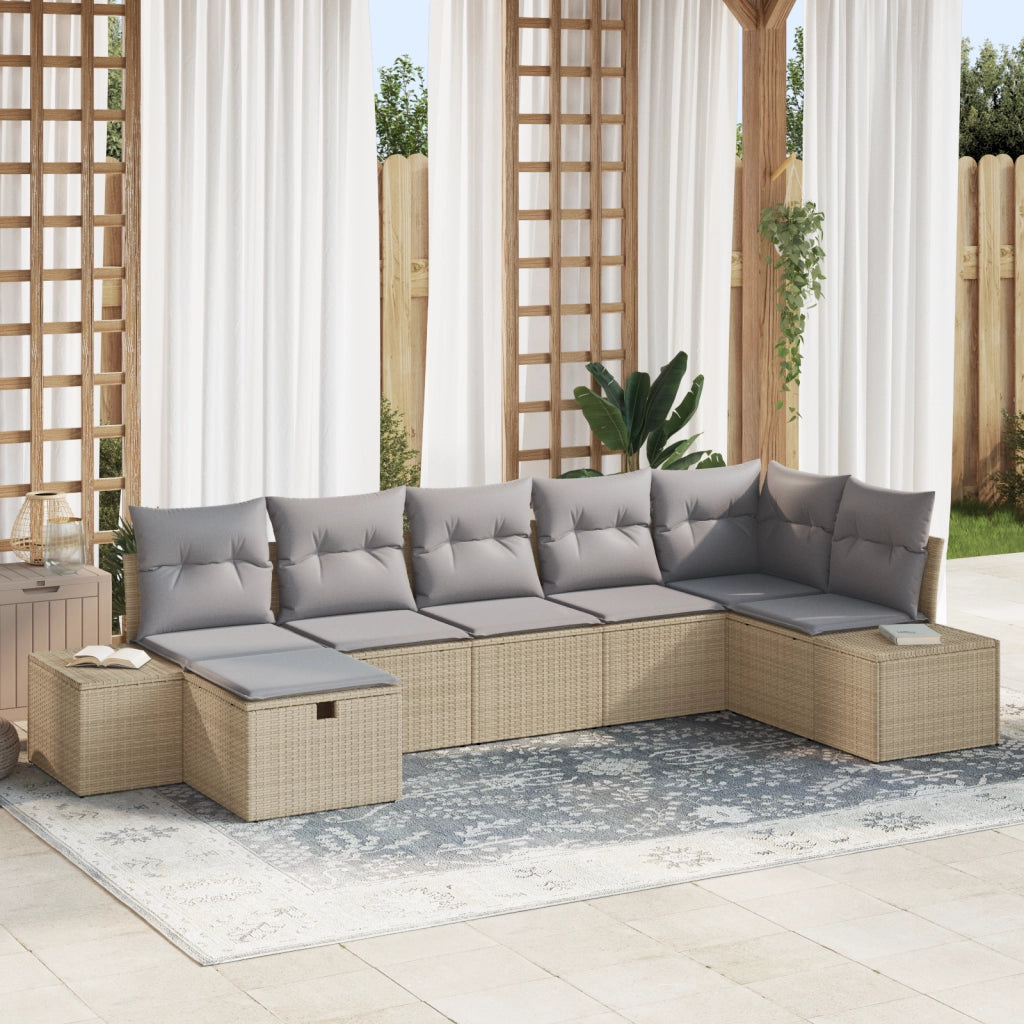 Set Divano da Giardino con Cuscini Beige in Polirattan