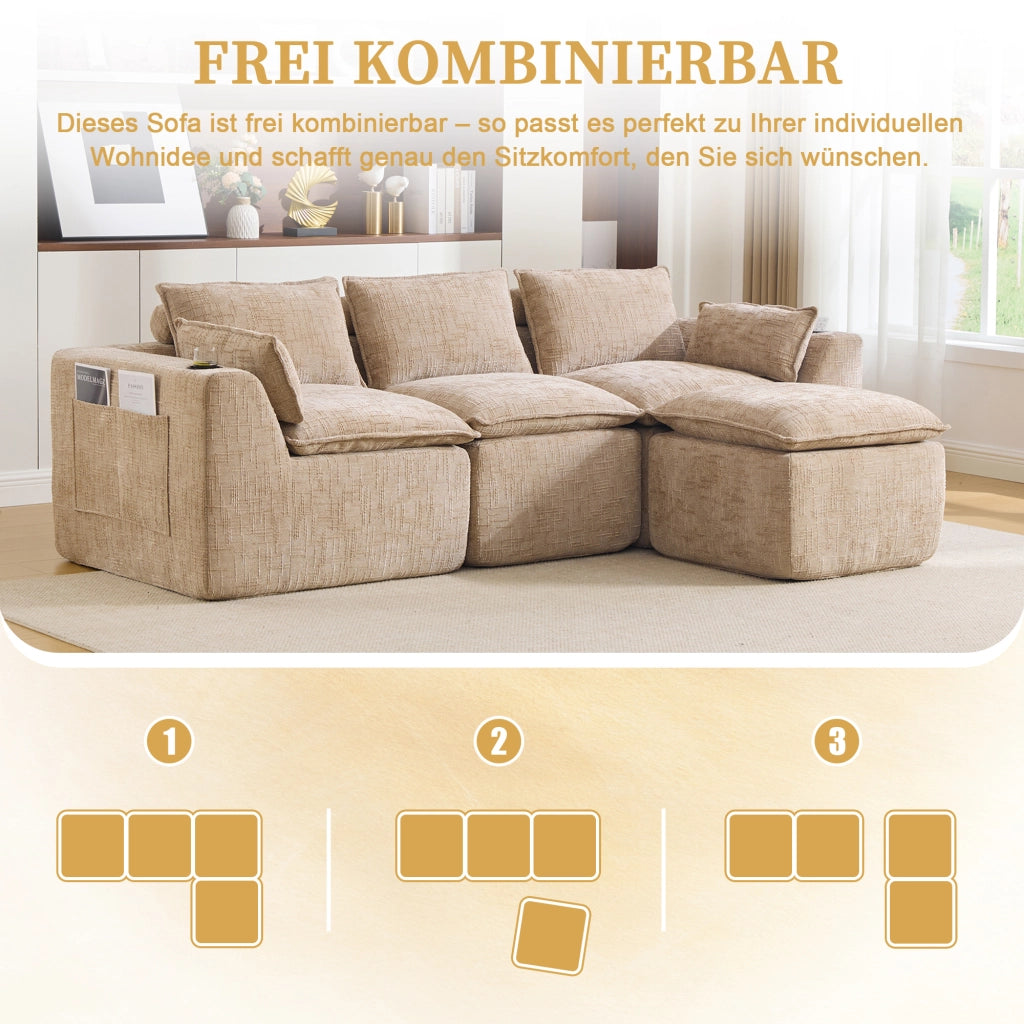 Divano modulare 3 posti con tasche laterali e cuscini, in chenille khaki e nucleo a molle, 256 × 161 × 75 cm