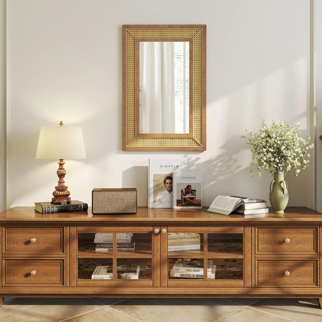 Specchio da Parete 90x60 cm in Rattan, Specchio Decorativo Rettangolare con Cornice in Legno, Specchio Verticale o Orizzontale per Bagno Soggiorno Ingresso (Rettangolo 90 x 60 cm)