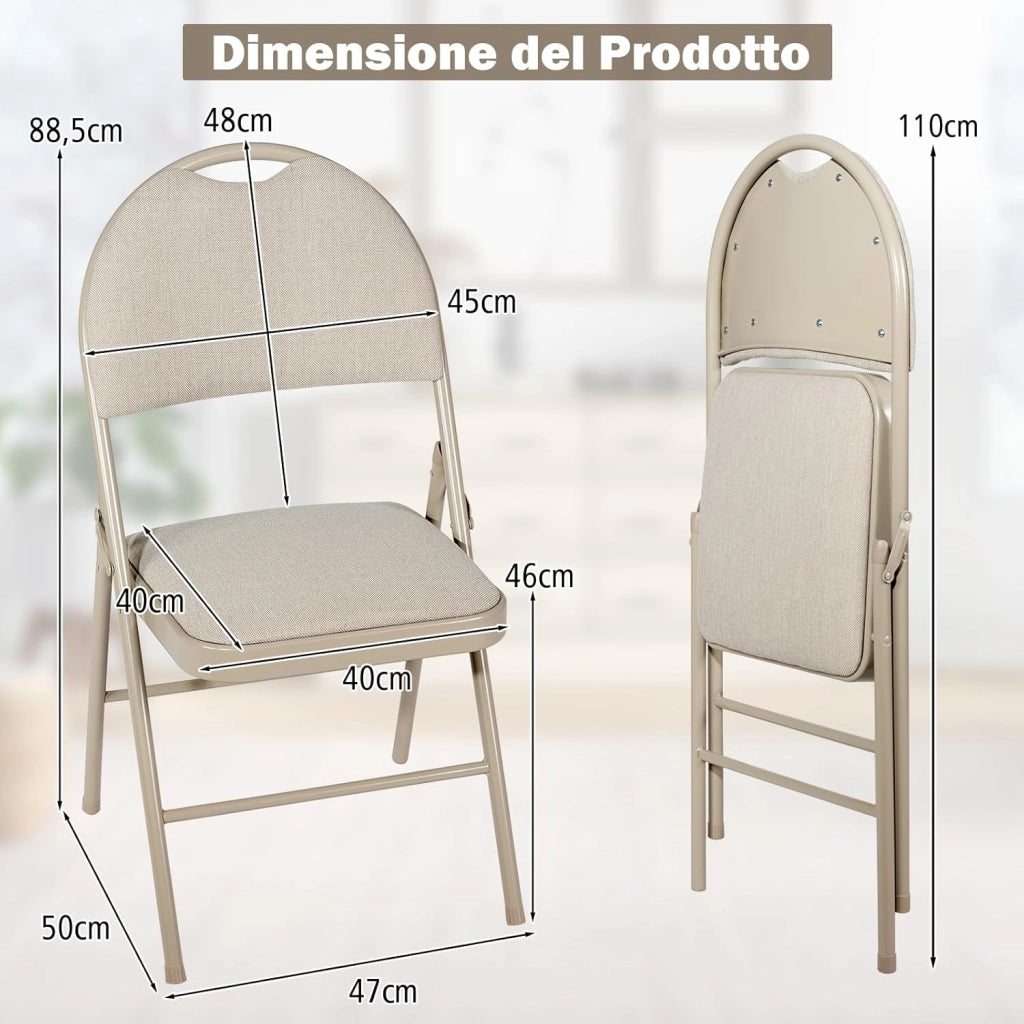 Set di 4 Sedie Pieghevoli, Sedie da Pranzo con Seduta Imbottita e Schienale Rivestito in Tessuto, con Gambe in Metallo, Sedia Portatile per Soggioro, Ufficio, Portata 120 kg (Beige)