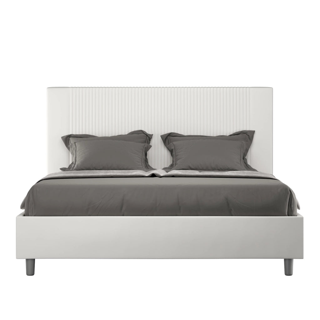 Letto Matrimoniale 160x190 cm con Rete e Contenitore con Testata e Alzata Comoda Imbottito in Similpelle Goya Bianco
