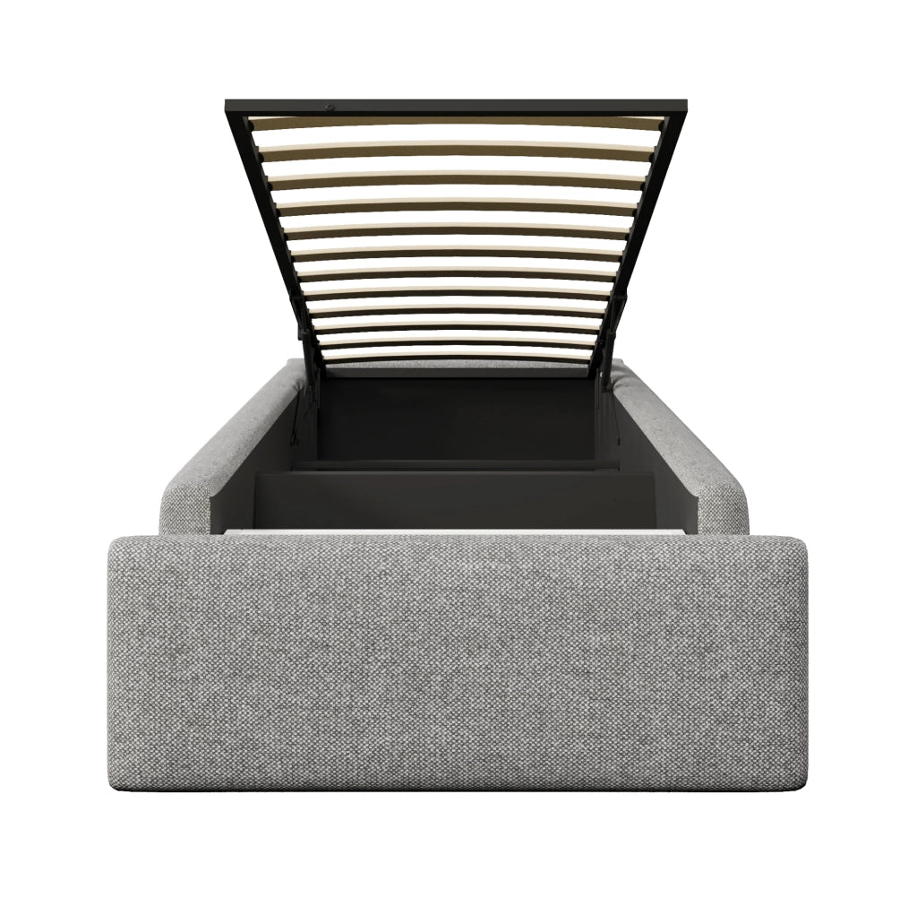 Letto imbottito 203x92x31 cm con contenitore idraulico e cassetto; rivestimento in cotone e lino grigio