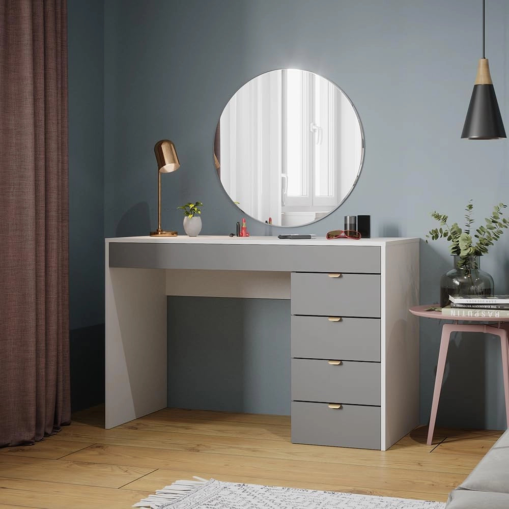 Tavolo da toeletta Elise, Bianco/grigio/grigio, 115 cm con 5 cassetti, da utilizzare come toeletta o superficie d’appoggio in camera da letto