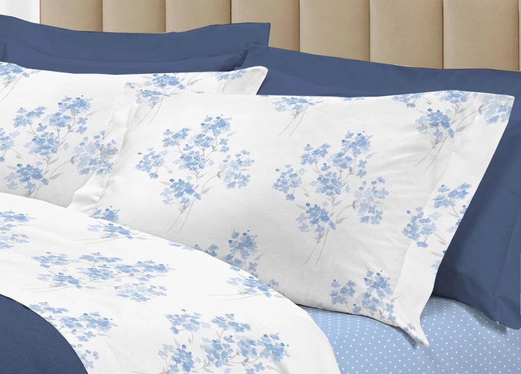 Completo Lenzuola Letto 100% Cotone Made Italy 3027 Disegno Primavera - Piazza E Mezza - Azzurro