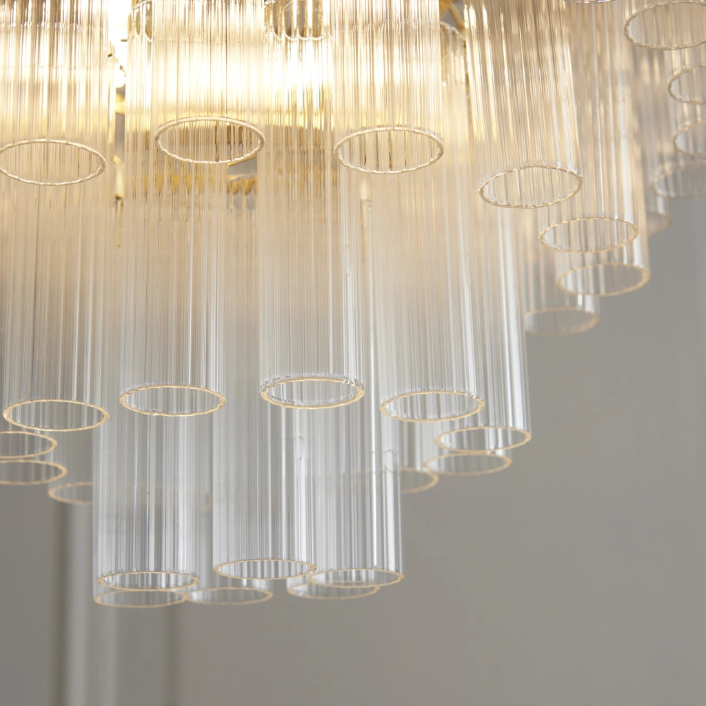 Lampadario TOULOUSE glamour ottone satinato vetro rigato 12xG9
