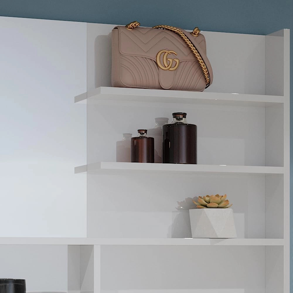 Mensola dello specchio, Bianco lucido, 119.8 x 70 cm con scomparti aperti, con cinque ripiani aperti per la conservazione degli accessori da bagno
