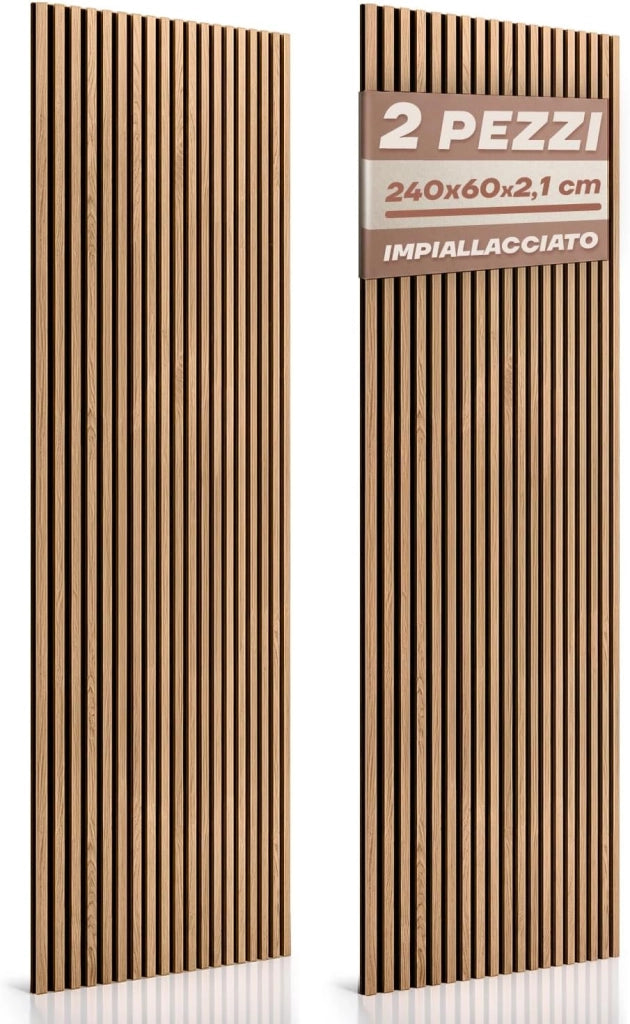RMF PRO Set 2 Pannelli Decorativi Parete Legno Teak Fonoassorbenti 240x60 cm (2,88 m²) – Rivestimento Acustico a Listelli MDF per Casa, Soggiorno e Ufficio