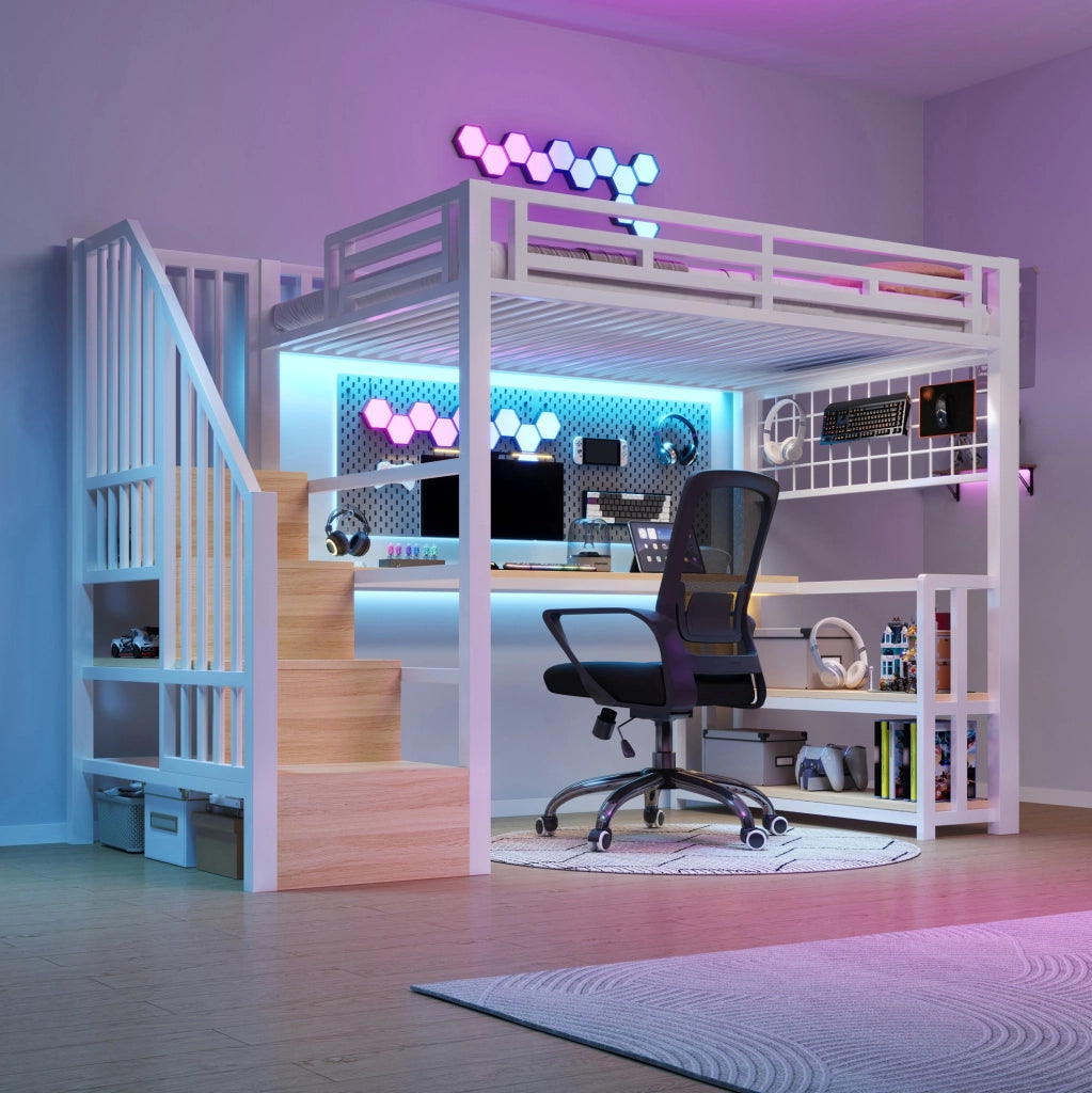 Letto a soppalco ULEVR 90x200 cm con scrivania, LED, ripiano, USB e porta Type-C, metallo e MDF bianco