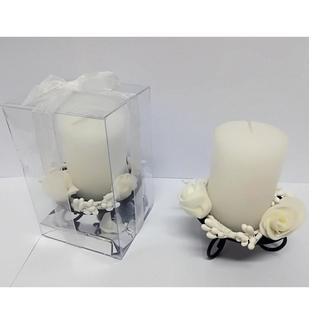 Trade Shop - Candela Cilindro Supporto Metallo Rose Bianco Confezione Bomboniera Matrimonio -