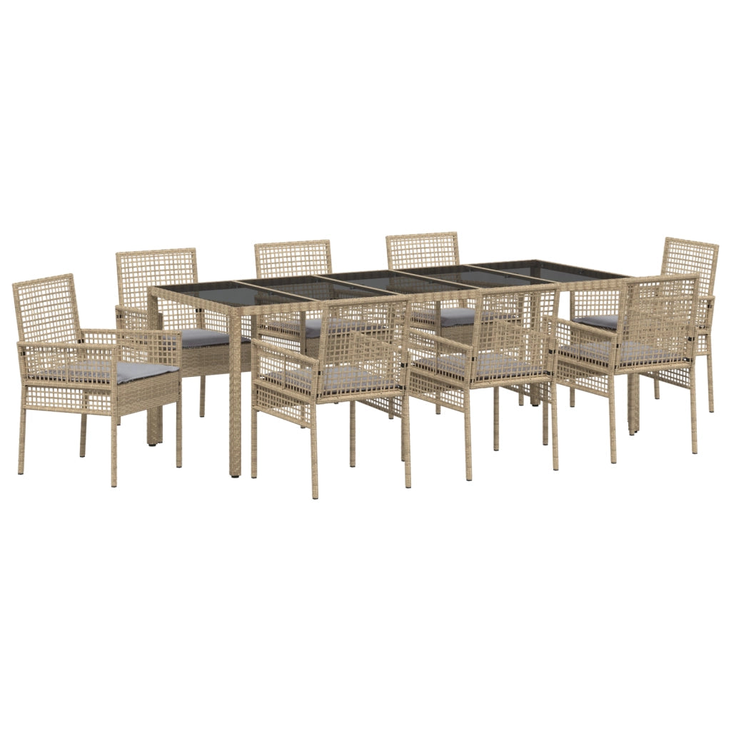 Set da Pranzo da Giardino in 9 Pezzi Rattan Poliestere Beige