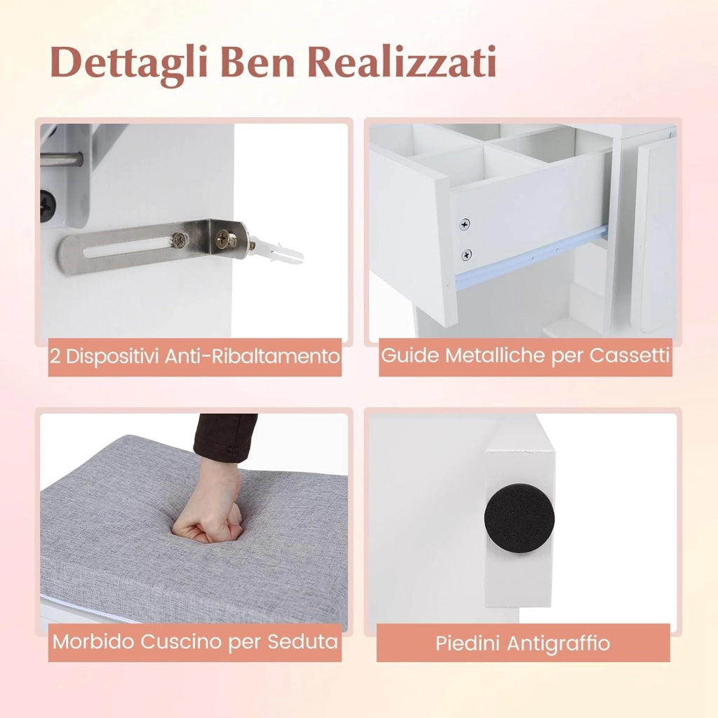 Toeletta Trucco con Luci LED, Tavolo da Trucco con Specchio e Stazione di Ricarica, Postazione Trucco con Cassetto, 2 Piani d'Appoggio a Ribalta, Bianco (Modello 3)