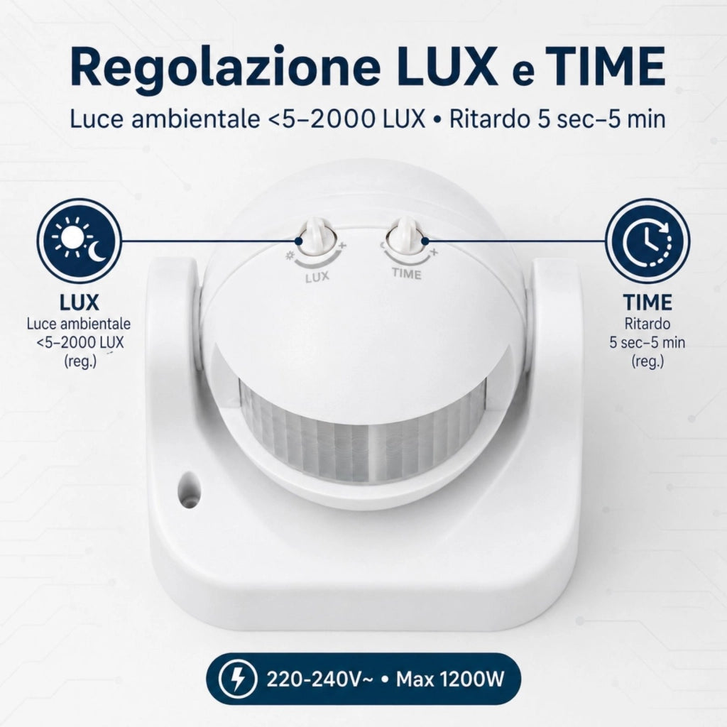 Sensore PIR Movimento Luce Crepuscolare Timer Rilevamento Presenza Infrarossi 220V Massimo 1200W IP44 Esterno Da Muro Orientabile 180 Gradi SKU-4967