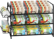 Rack per lattine, organizzatore per armadi cucina, deposito o superfici di lavoro, 3 livelli, dispensa per lattine con pannelli laterali, capienza per 42 lattine, nero