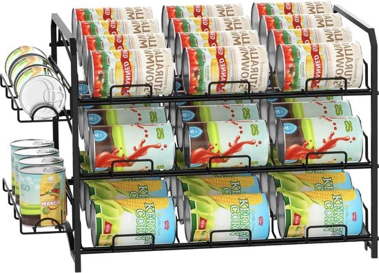 Rack per lattine, organizzatore per armadi cucina, deposito o superfici di lavoro, 3 livelli, dispensa per lattine con pannelli laterali, capienza per 42 lattine, nero