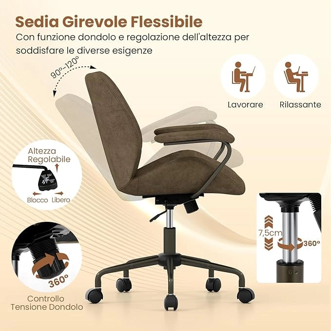 Sedia da Ufficio, Sedia Girevole per Scrivania con Ruote, Braccioli Imbottiti, Poltrona Direzionale Ergonomica Regolabile in Altezza, Portata 150 kg