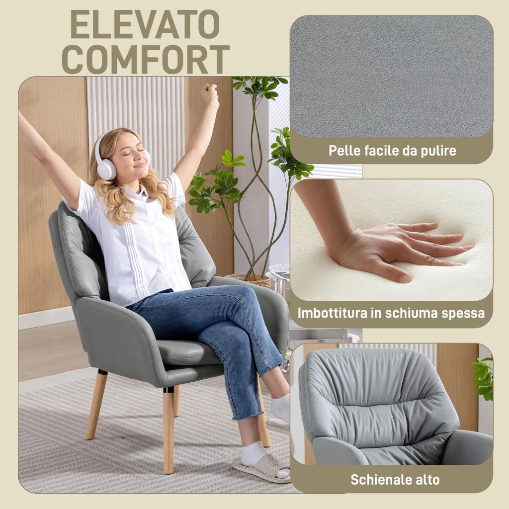 Poltrona Moderna da Camera con Schienale Alto a Doppia Imbottitura in Tessuto Effetto Pelle, Grigio