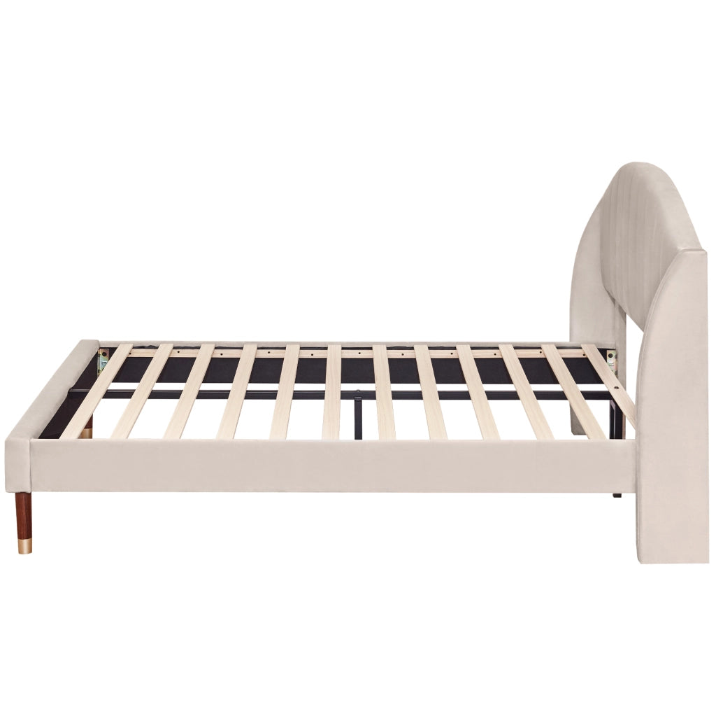 Letto imbottito 140x200 cm in velluto beige con rete a doghe e testiera