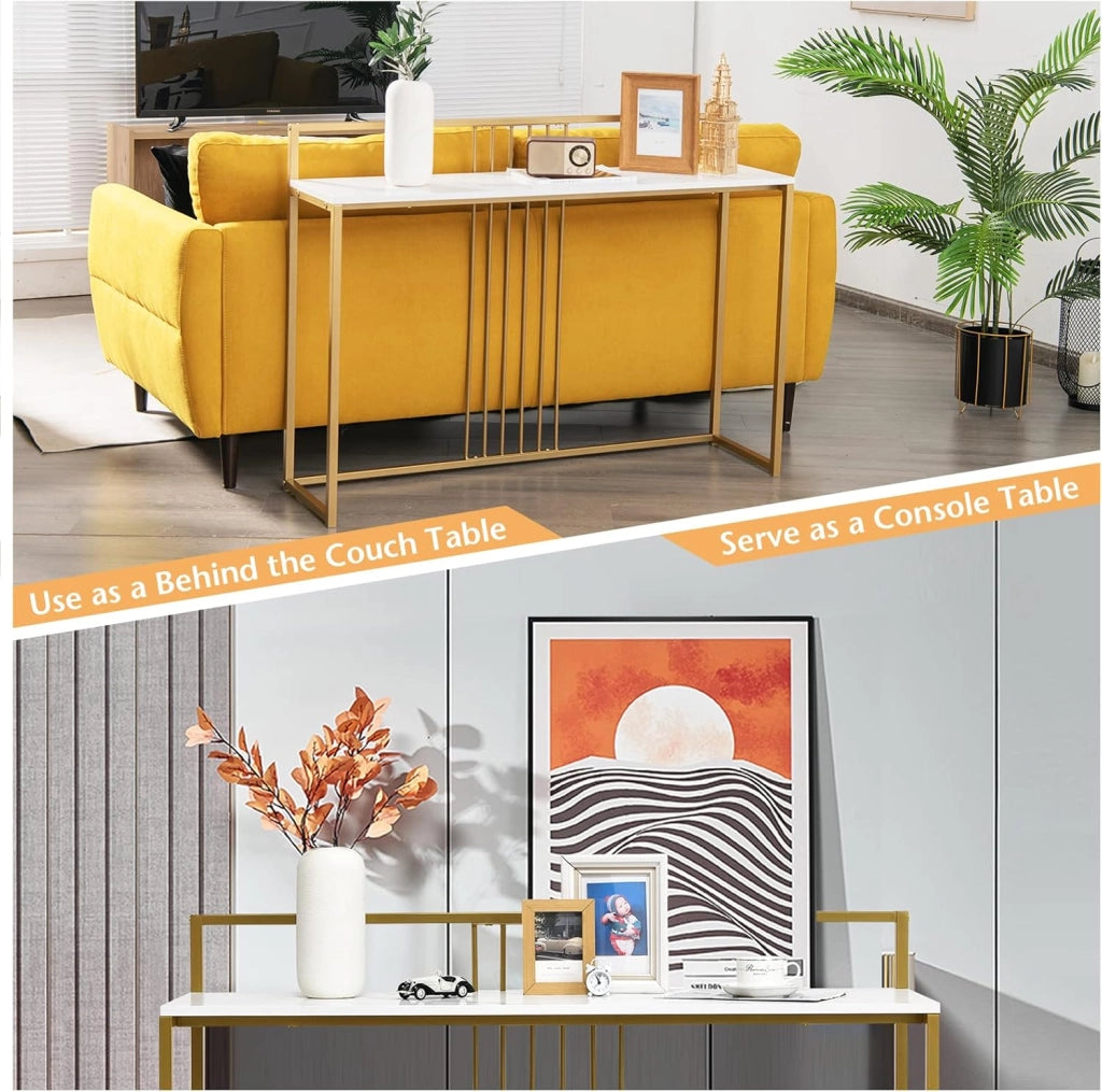 Tavolo Consolle in Marmorizzato Oro, Tavolino da Corridoio Struttura in Metallo, Tavolino da Salotto Design Moderno e Sottile, 120 x 30 x 88 cm (Bianco+Oro)