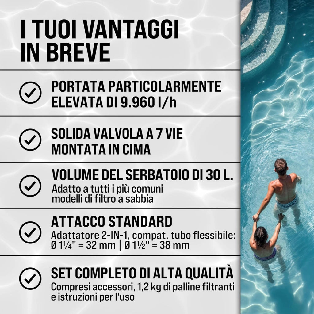 ® Filtro per Piscina a 7 Vie 9.960 L/h Serbatoio 30L con Prefiltro e Sfere Filtranti da 1200g