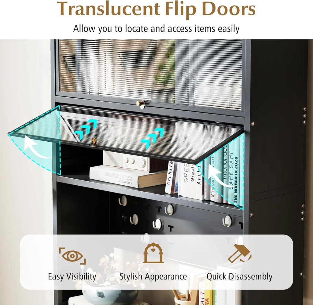 Mobile da cucina alto a 6 livelli, credenza cucina con ruote, 10 ganci, ante pieghevole, pannello perforato, mobile vetrina in acciaio, per soggiorno, sala da pranzo (nero)