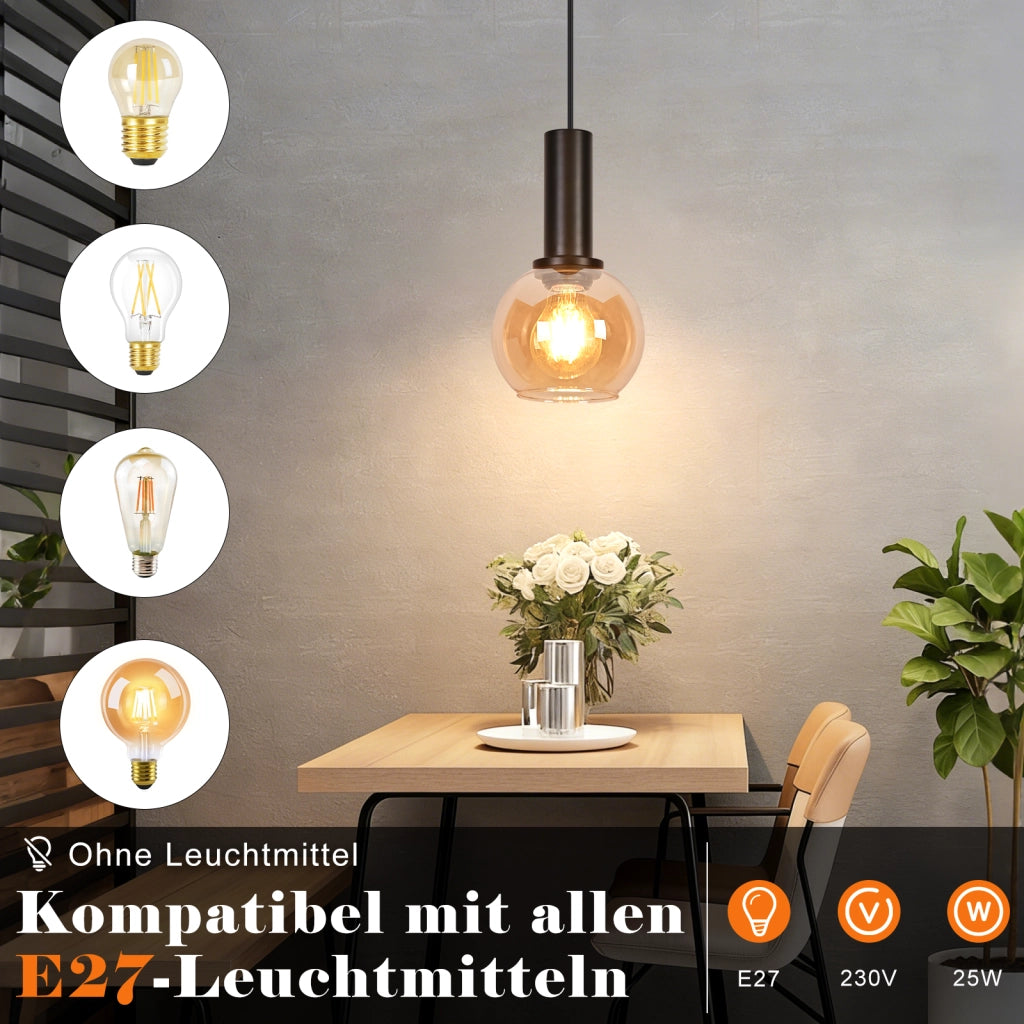 ZMH Lampada a Sospensione 1 Luce Vetro Vintage Altezza Regolabile E27 per Sala da Pranzo Camera da Letto Senza Lampadina