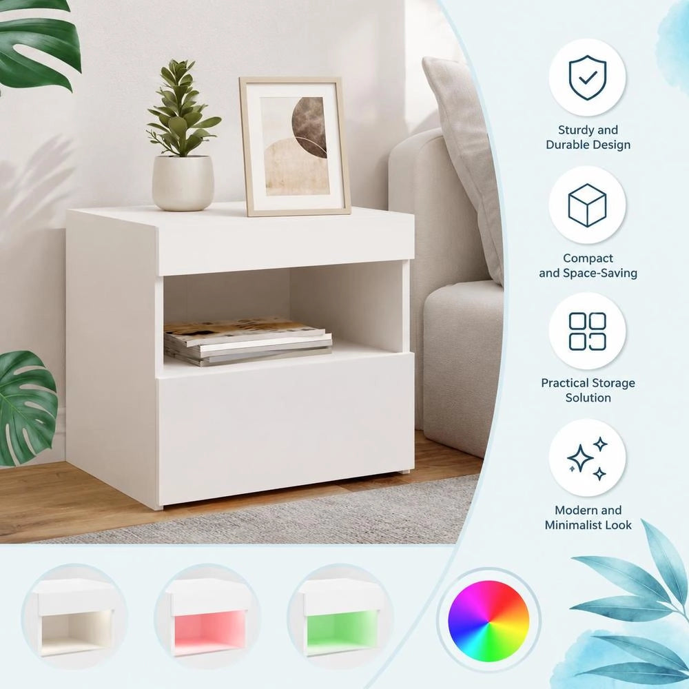 Bedside Table With LED Lights, White, 50x40x45 Cm