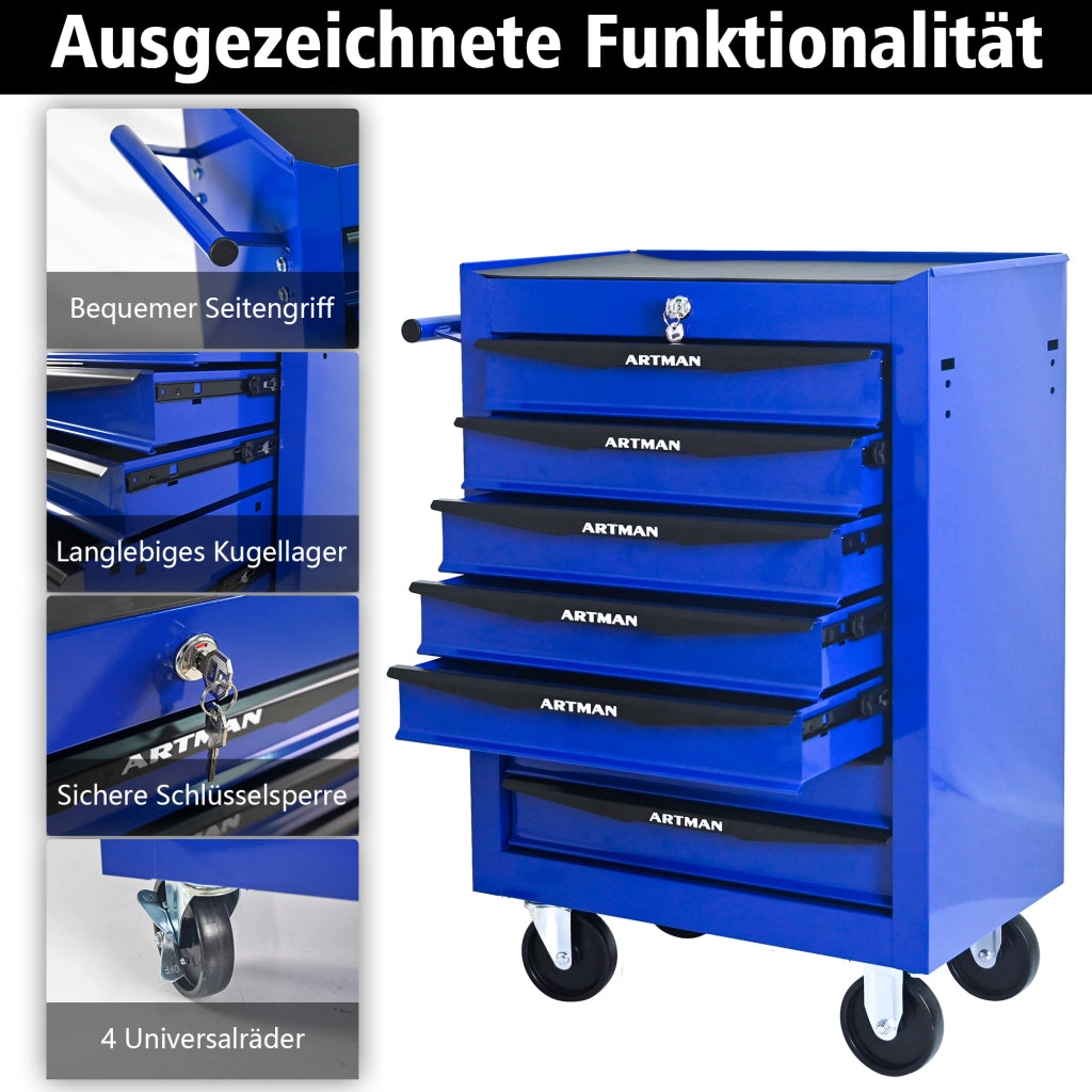 Mobile contenitore con 7 cassetti; ruote e chiusura a chiave per garage; in acciaio; nero e blu; 60×33×77.5 cm