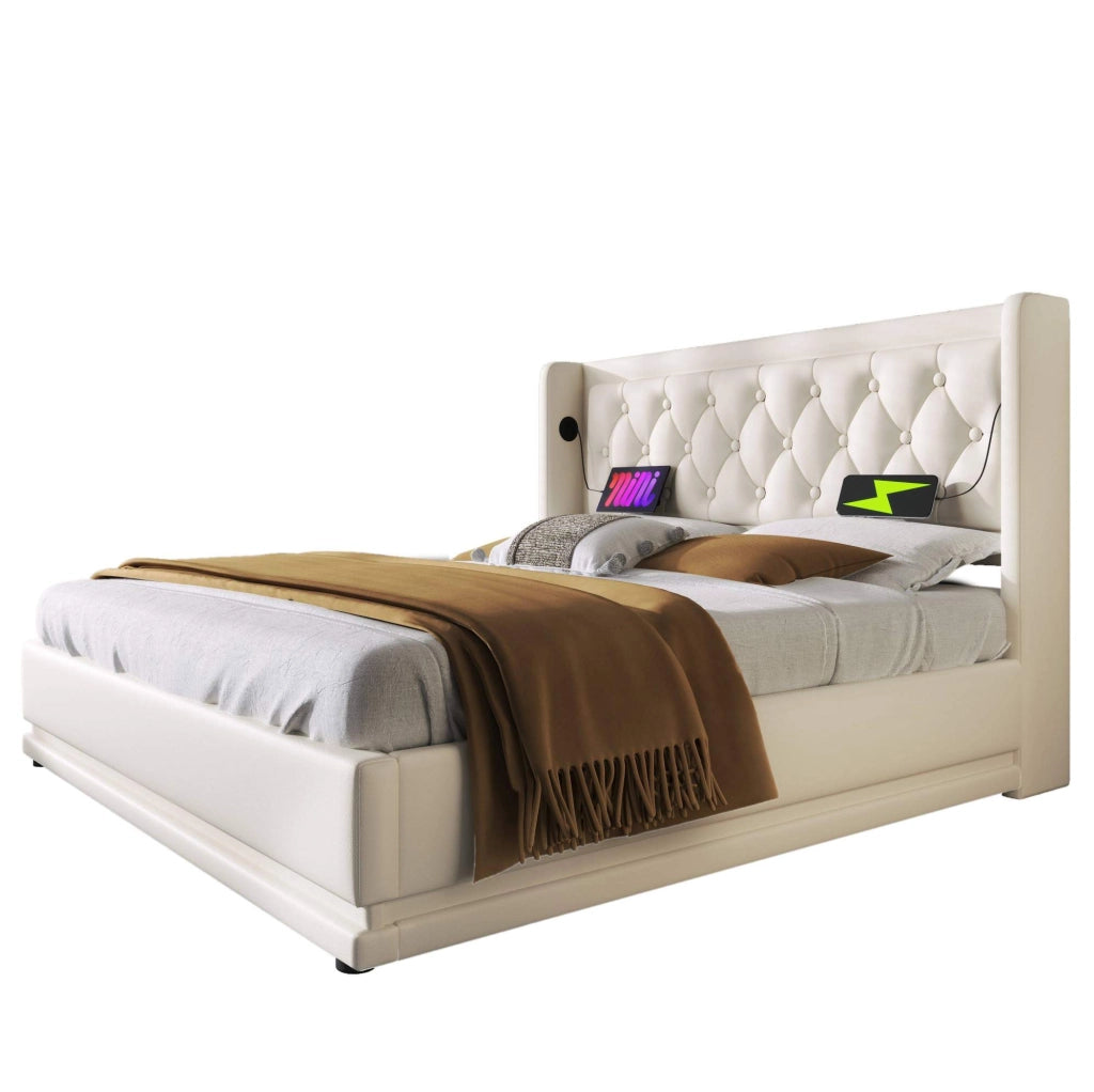 Letto matrimoniale contenitore 160x200 cm in PU bianco con LED; testiera imbottita e USB Tipo-C