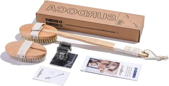 Droge lichaamsborstel in legno naturale con lungo manico e 2 setole intercambiabili - esfoliante per uomini e donne