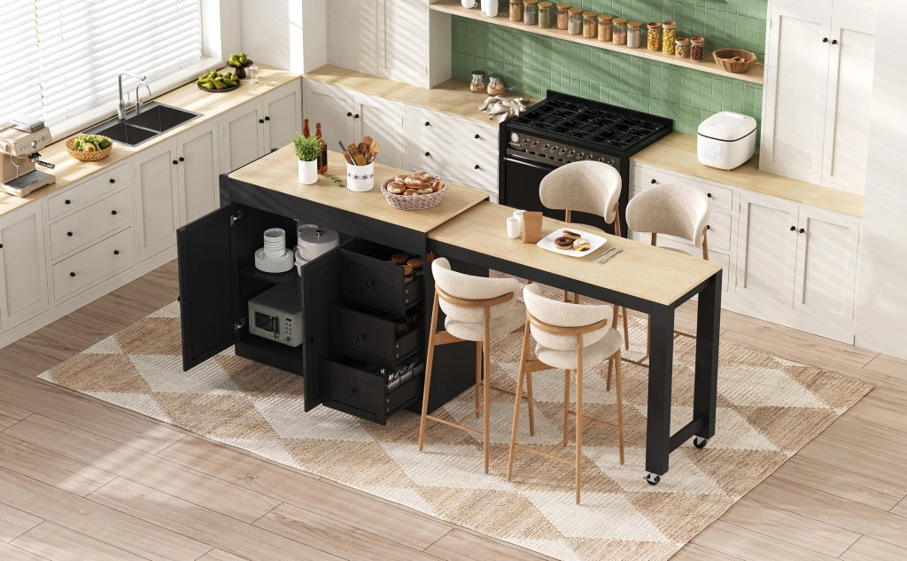 Carrello da cucina con piano estraibile, 3 cassetti, ripiani regolabili e portaspezie per cucina e pranzo, in MDF e PB, nero